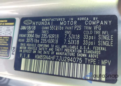 2018 Hyundai Santa Fe Se из США, поврежденный, VIN KM8SN4HF7JU294075